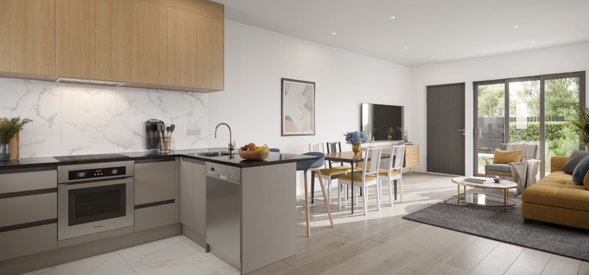 Render of a Brandon Terraces kitchen with a marble splashback and open-plan living beyond