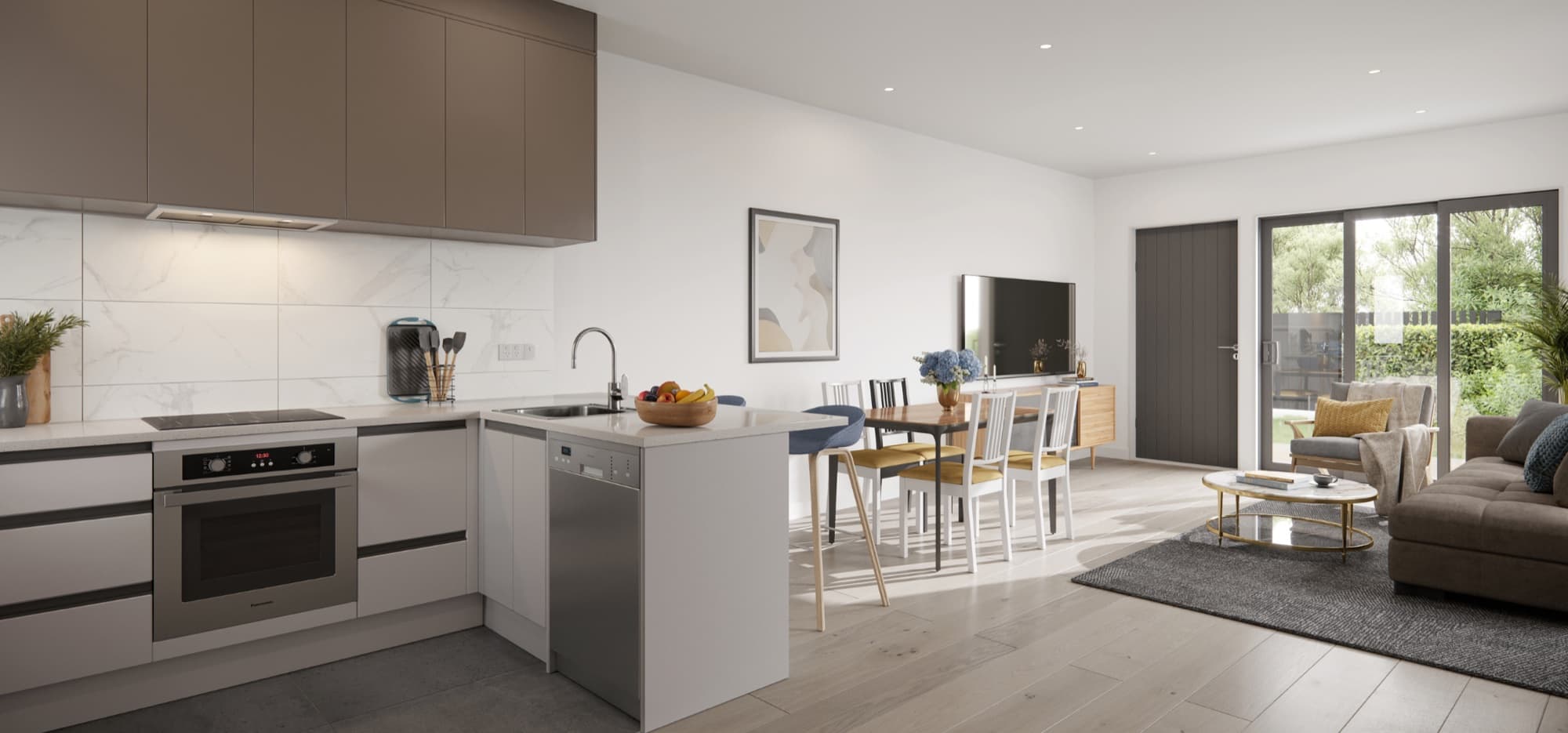 Render of a Brandon Terraces kitchen with taupe overhead cabinetry looking through to the dining and living area
