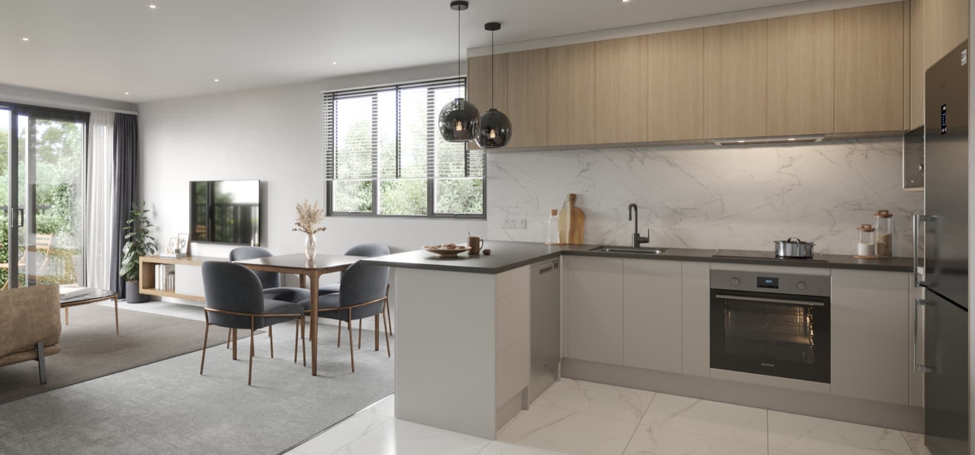 Render of a Brandon Terraces kitchen with timber overhead joinery and a marble splashback, opening to the living area