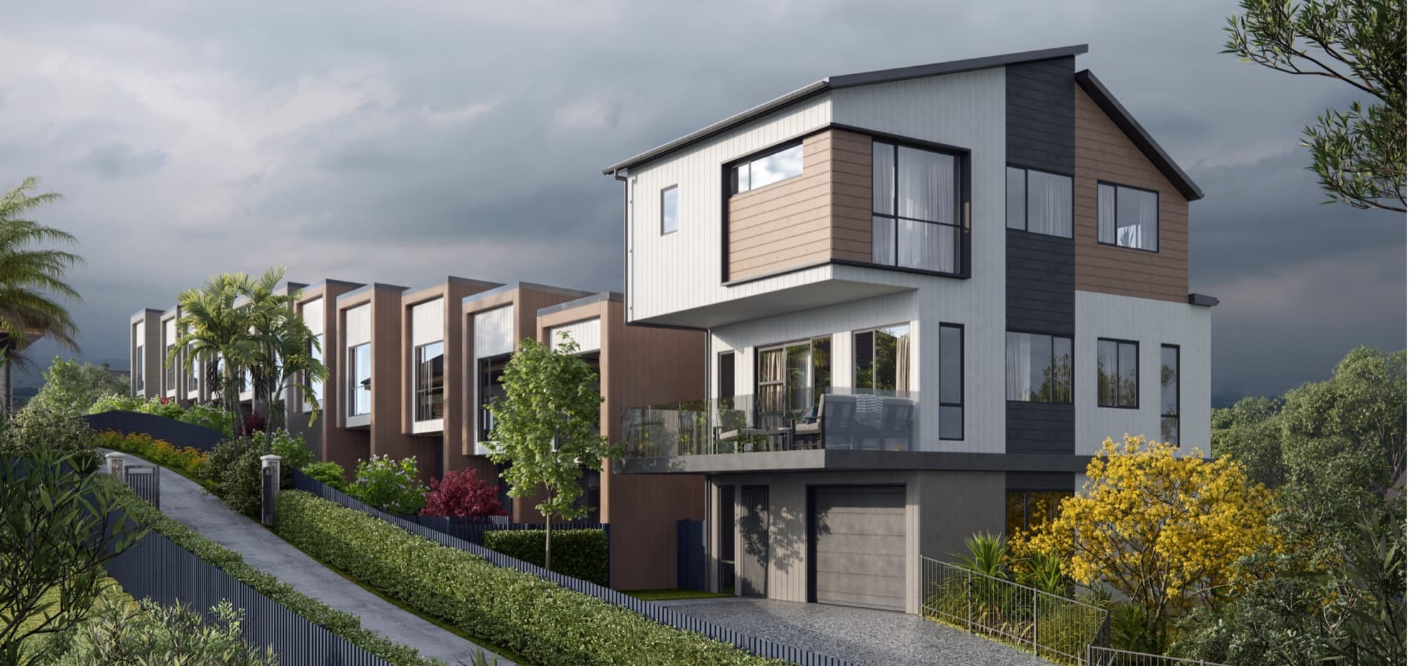 Render of the Brandon Terraces terraced homes stepping down the site, with the standalone home at the front