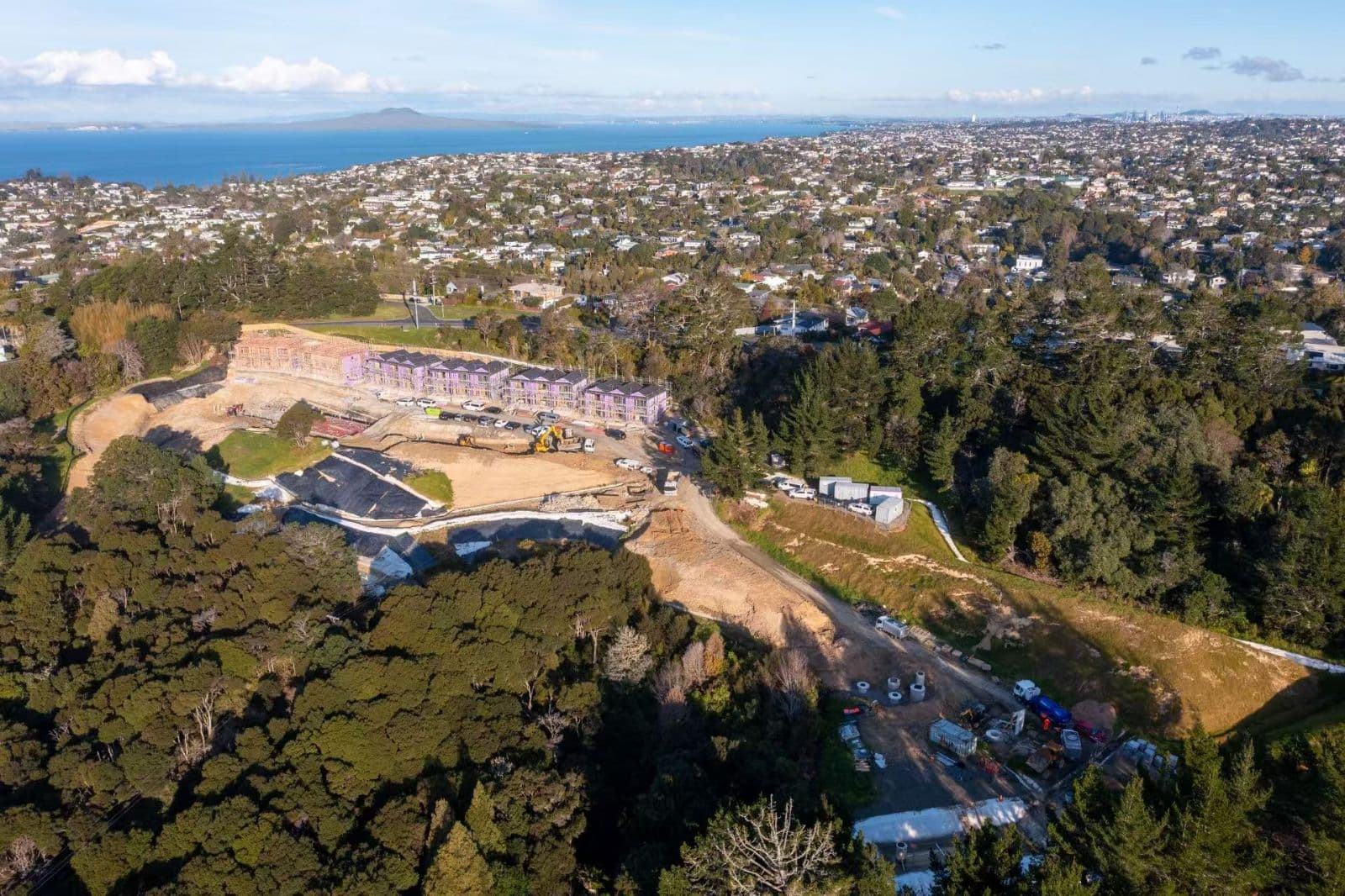 Glenvar Road aged care development in Long Bay, Auckland - long-range aerial view