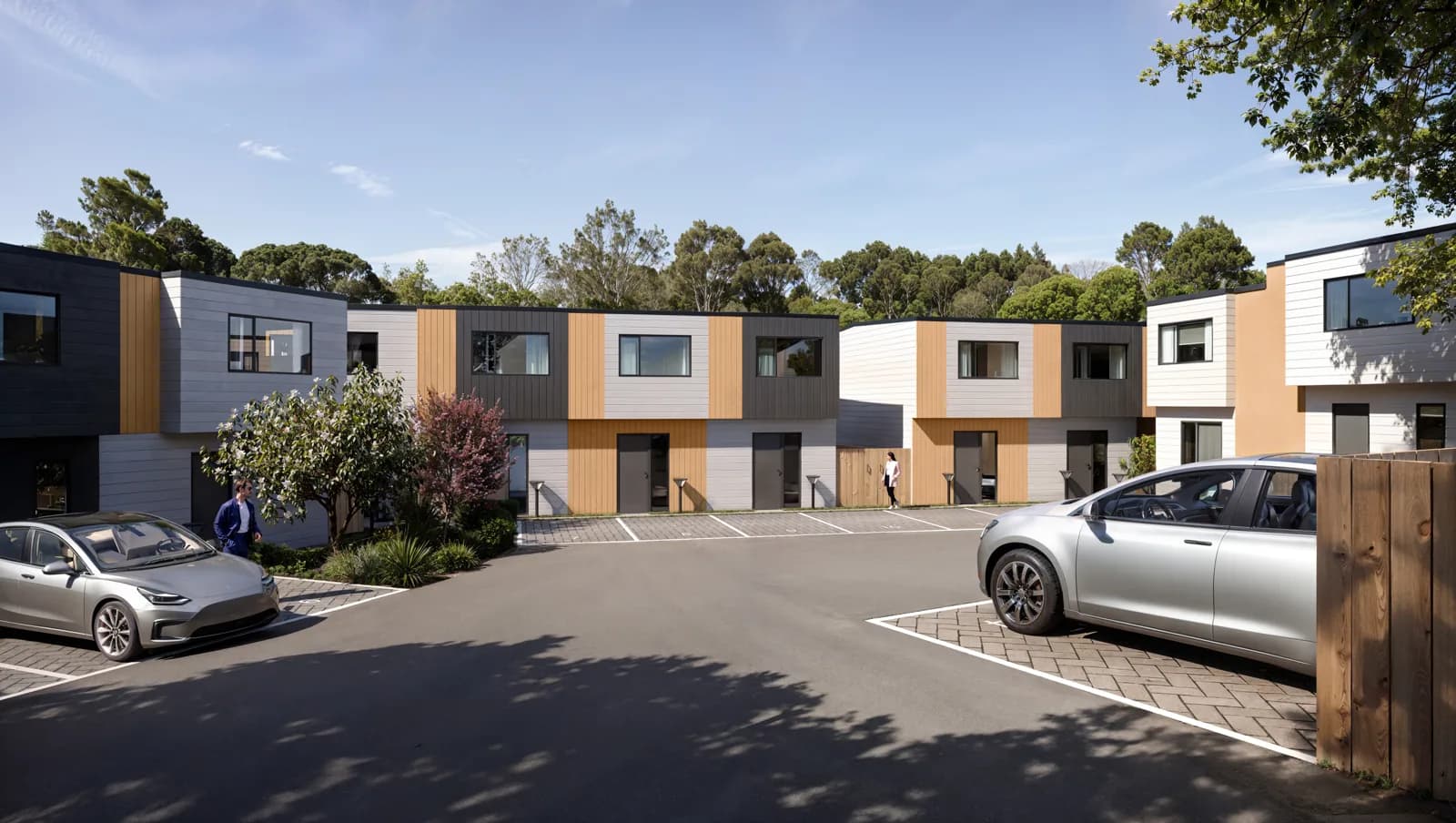 Architectural render of Lowtherhurst Road townhouses in Massey, Auckland — exterior view
