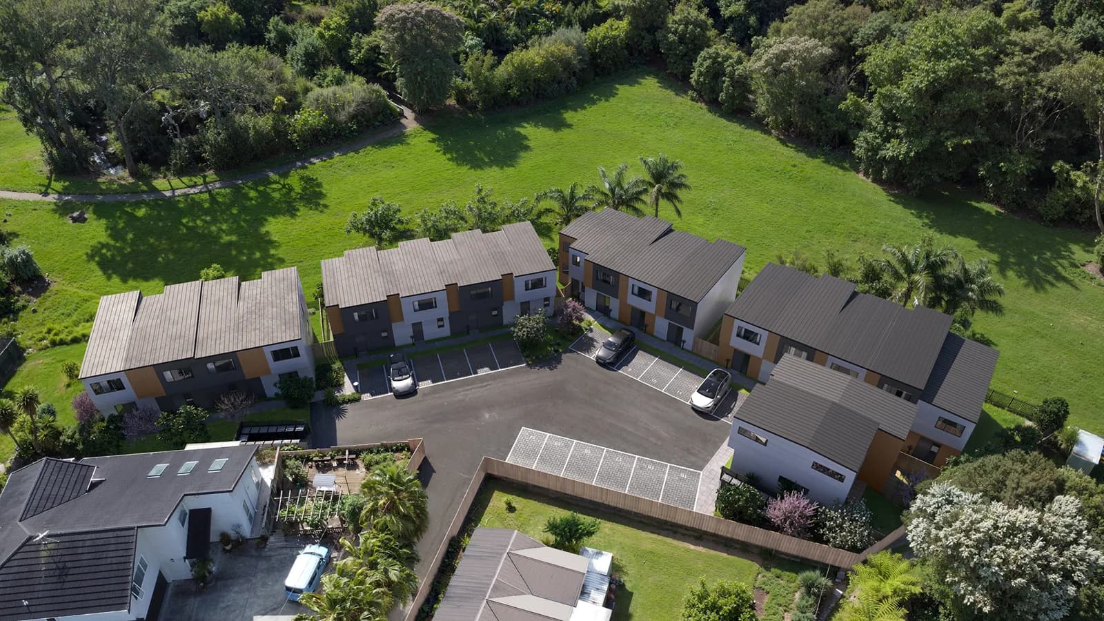 Architectural render of Lowtherhurst Road townhouses in Massey, Auckland — view 3