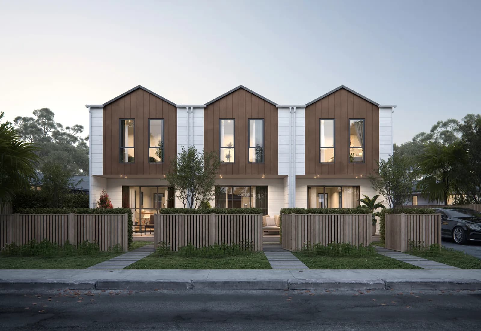 Architectural render of Royal View Road townhouses in Te Atatu South, Auckland — exterior view