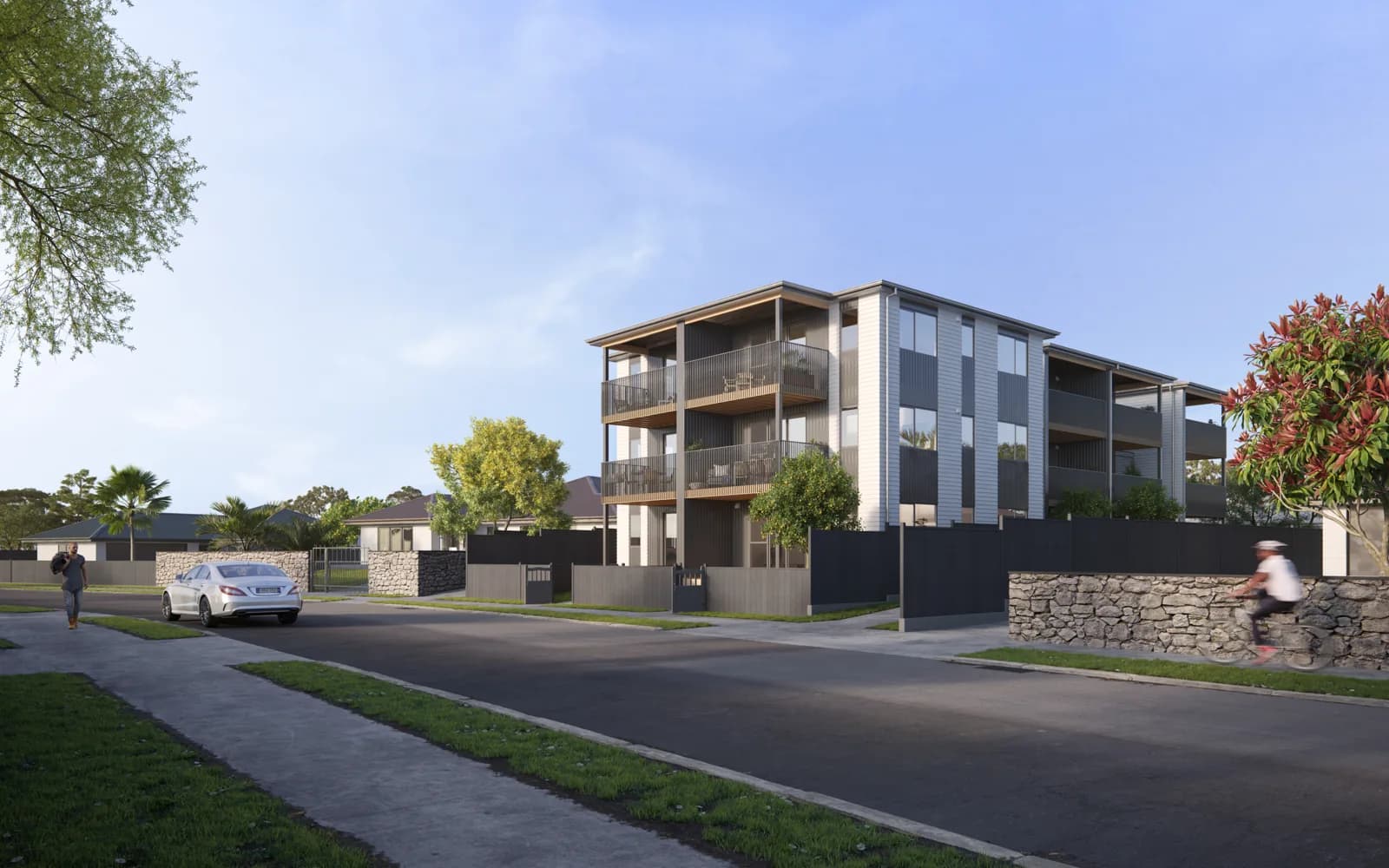 Architectural render of Wroughton Crescent development in Ōtara, Auckland — exterior view