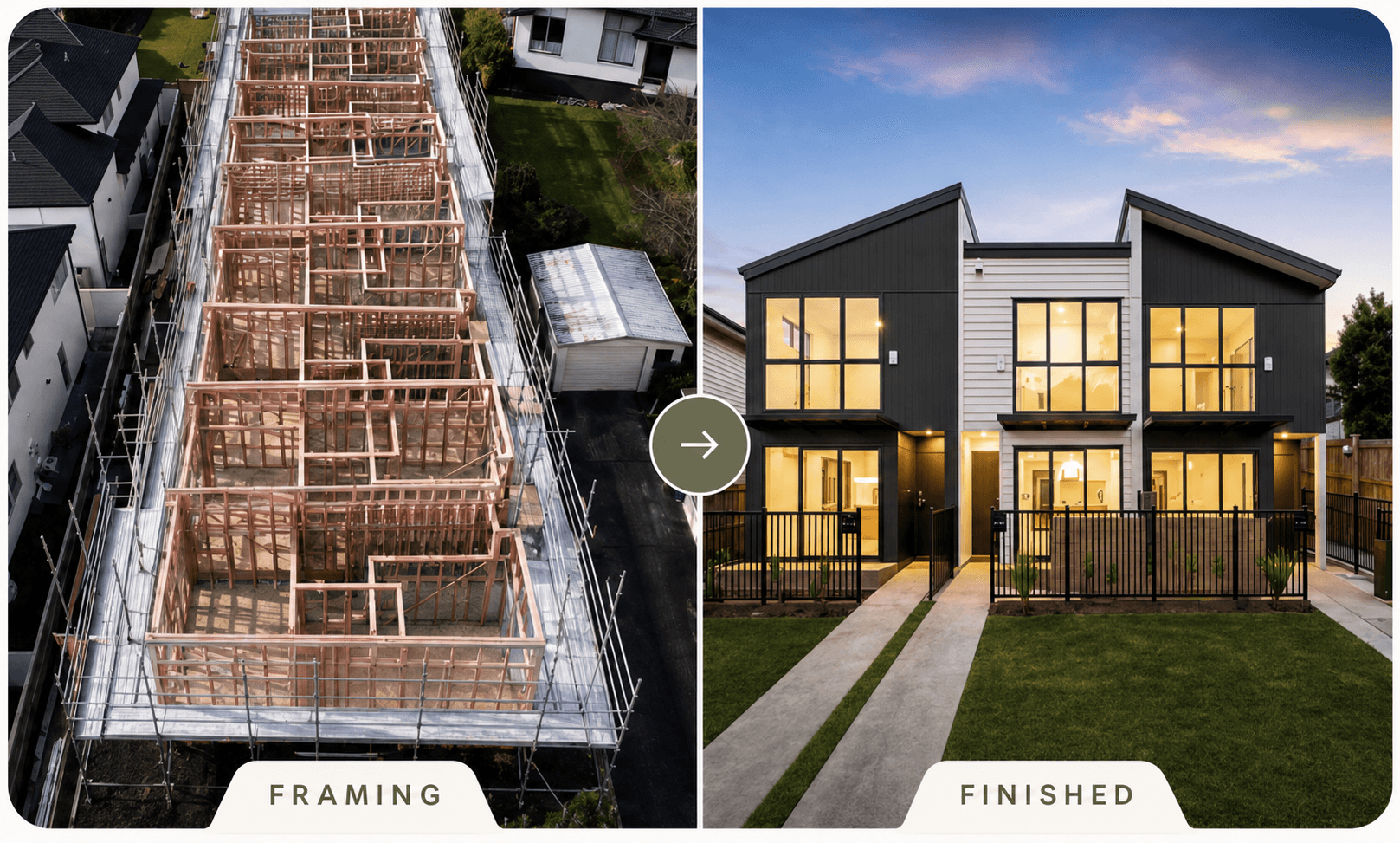 Tudor Residences framing to finished home proof image.