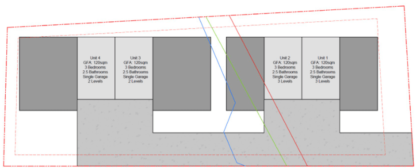 Anonymised concept drawing showing four townhouses and shared access on an Auckland site.