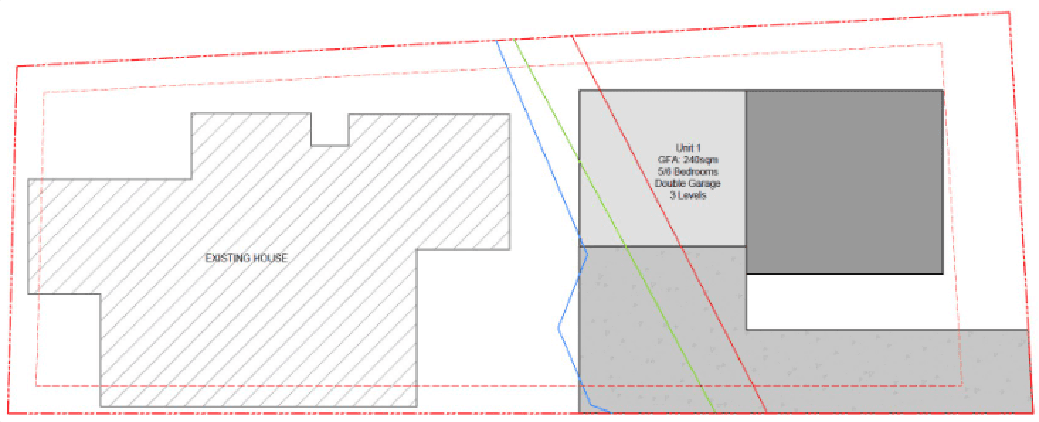Anonymised concept illustration showing the existing house retained with one new standalone home.