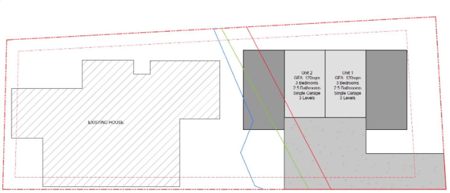 Anonymised concept illustration showing the existing house retained with two new townhouses.