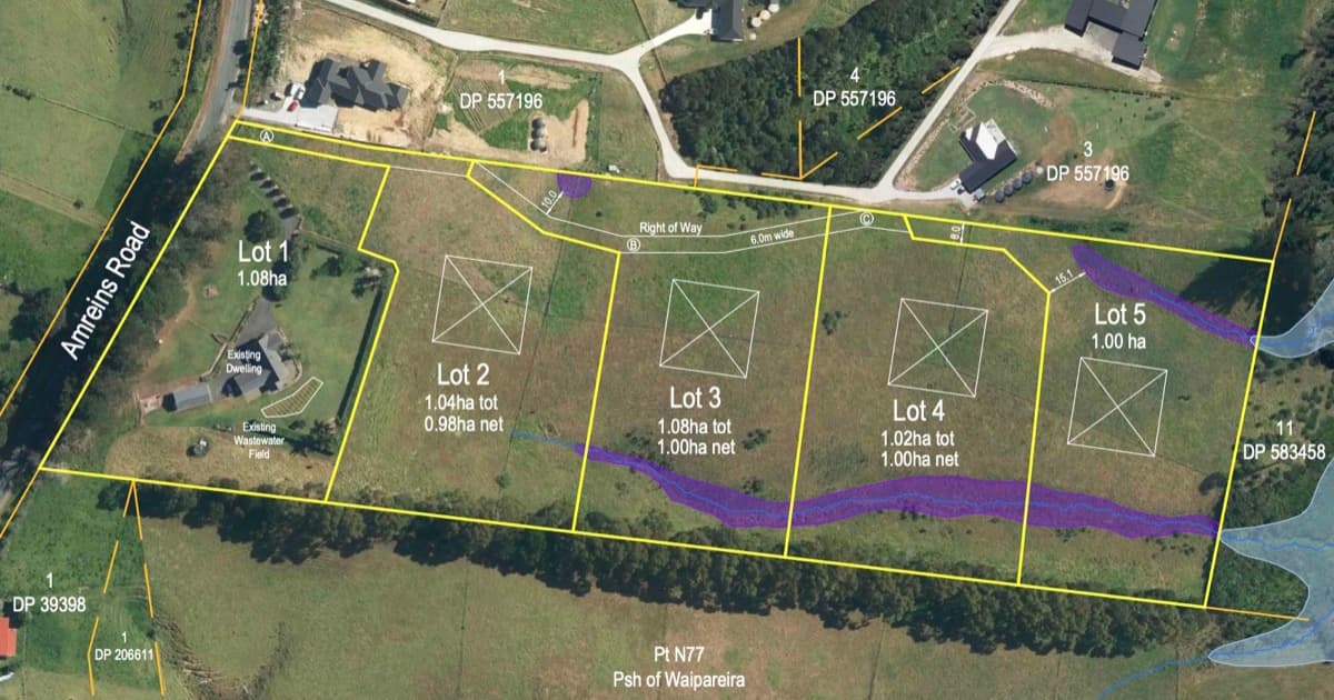 Aerial concept plan of the Taupaki rural block showing the existing house lot and four proposed new lots.