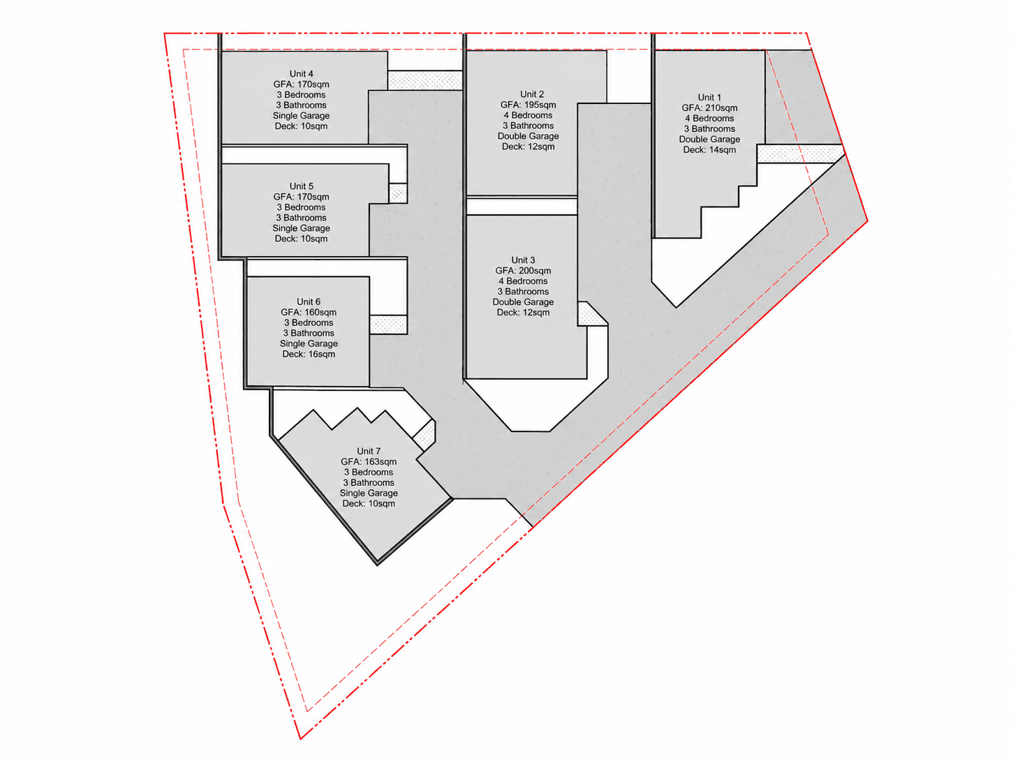 Anonymised concept plan showing seven homes and shared access on an irregularly shaped Auckland site.