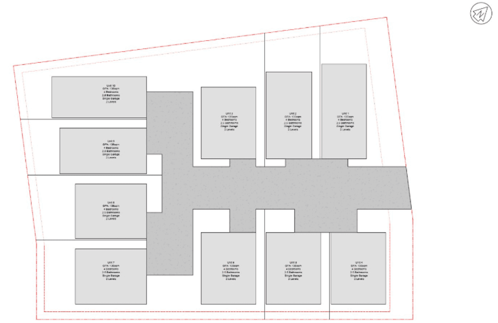 Anonymised concept plan of ten standalone homes arranged around a shared driveway.