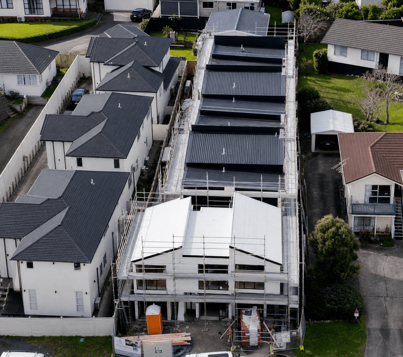 Aerial view of the Tudor Residences roofline nearing completion