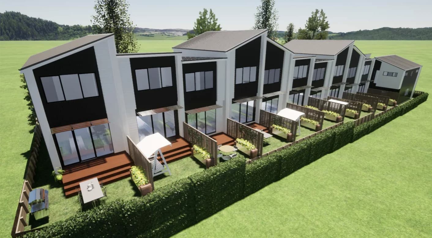 3D massing render of the proposed Tudor Residences townhouse row