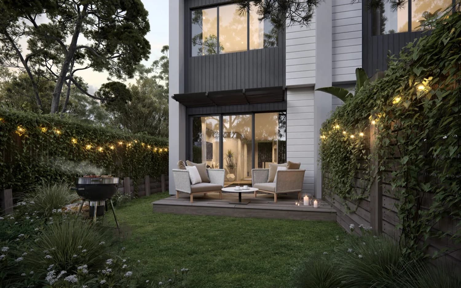 Architectural render of Tudor Residences outdoor deck at dusk