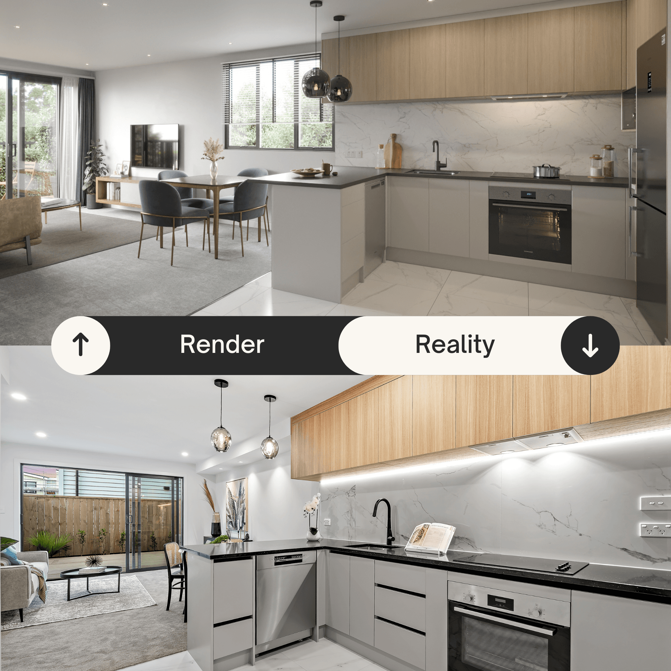 Render and completed kitchen comparison for Tudor Residences