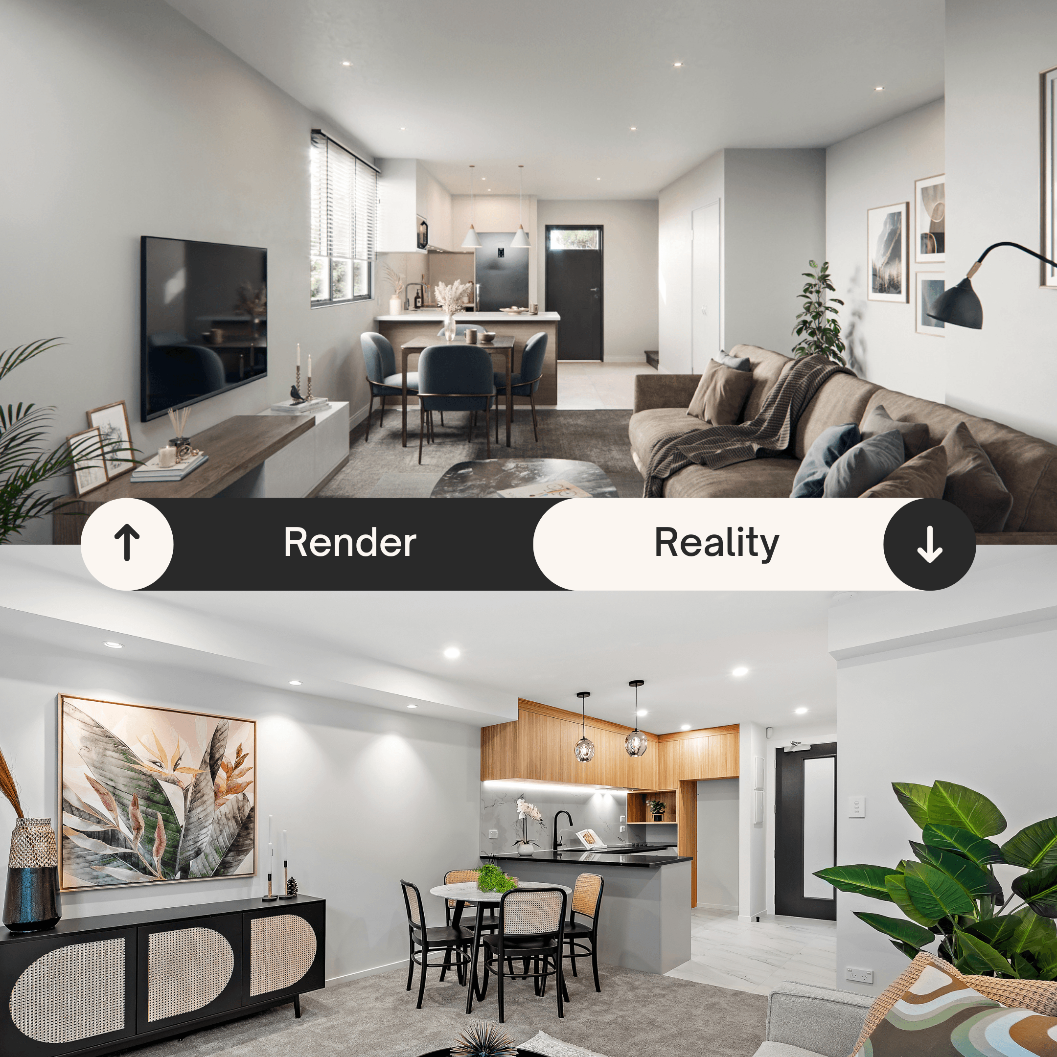 Render and completed living space comparison for Tudor Residences