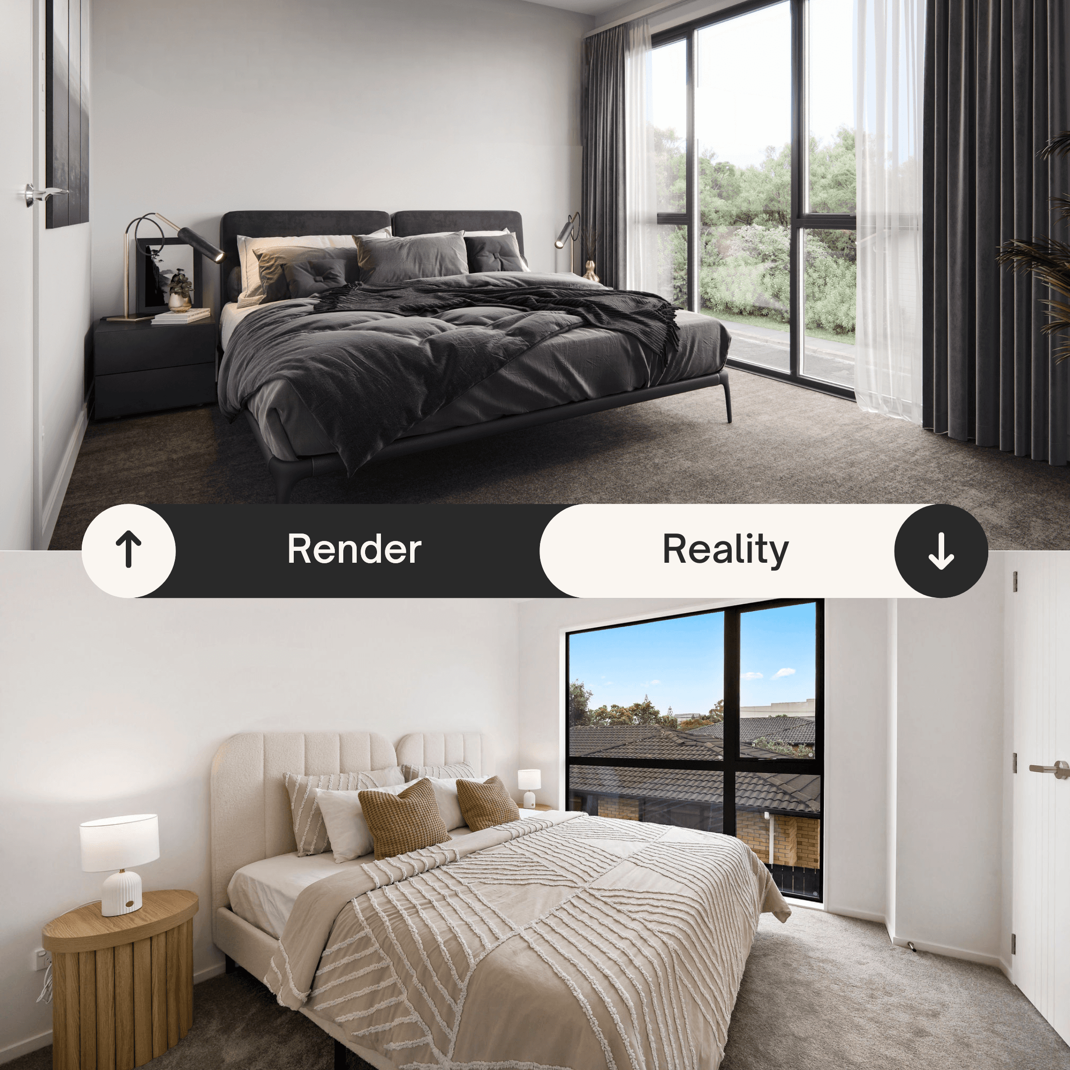 Render and completed bedroom comparison for Tudor Residences